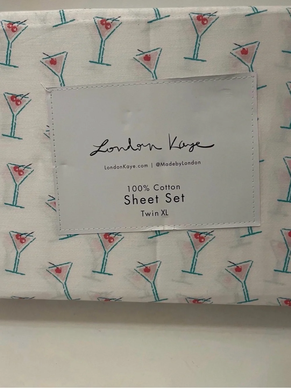 London Kaye Twin XL Size Cotton Sheet Set Martini Glasses Print White Pink Green